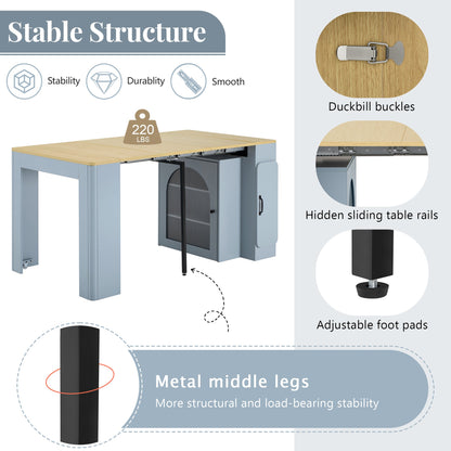 TREXM Extendable Dining Table with 3 Removable Middle Leaves, Mobile Rolling Island Table with Power Outlet, Saving - space Cabinet with Storage for Dining Room and Living Room (GREY BLUE AND NATURAL) - 1st Choice Furniture Direct