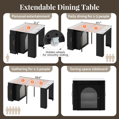 TREXM Extendable Dining Table with 3 Removable Middle Leaves, Mobile Rolling Island Table with Power Outlet, Saving - space Cabinet with Storage for Dining Room and Living Room (BLACK AND MARBLE WHITE) - 1st Choice Furniture Direct