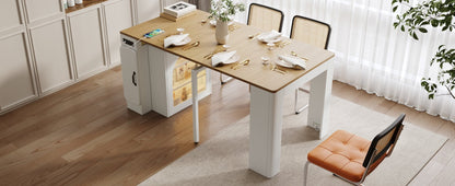 TREXM Extendable Dining Table with 3 Removable Middle Leaves, Mobile Rolling Island Table with Power Outlet, Saving - space Cabinet with Storage for Dining Room and Living Room (CREAM WHITE AND NATURAL) - 1st Choice Furniture Direct