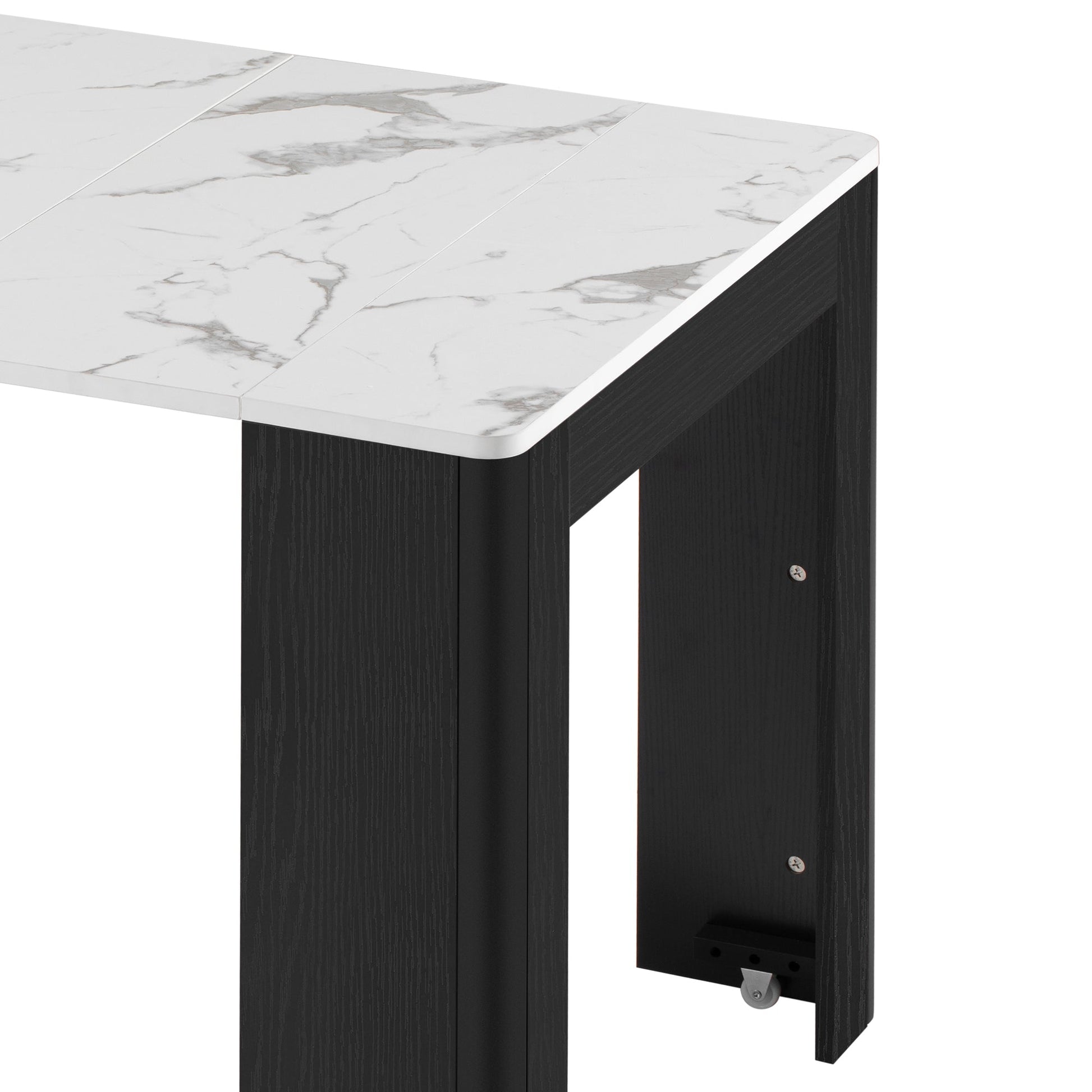 TREXM Extendable Dining Table with 3 Removable Middle Leaves, Mobile Rolling Island Table with Power Outlet, Saving - space Cabinet with Storage for Dining Room and Living Room (BLACK AND MARBLE WHITE) - 1st Choice Furniture Direct