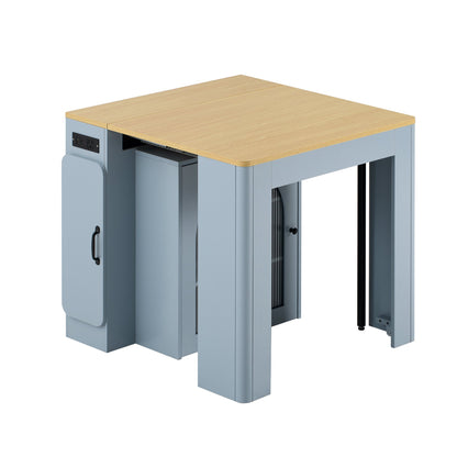 TREXM Extendable Dining Table with 3 Removable Middle Leaves, Mobile Rolling Island Table with Power Outlet, Saving - space Cabinet with Storage for Dining Room and Living Room (GREY BLUE AND NATURAL) - 1st Choice Furniture Direct