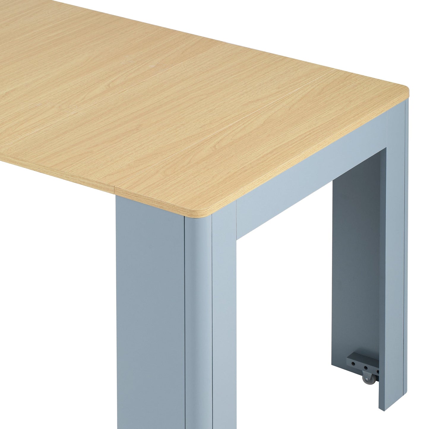 TREXM Extendable Dining Table with 3 Removable Middle Leaves, Mobile Rolling Island Table with Power Outlet, Saving - space Cabinet with Storage for Dining Room and Living Room (GREY BLUE AND NATURAL) - 1st Choice Furniture Direct