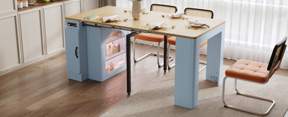 TREXM Extendable Dining Table with 3 Removable Middle Leaves, Mobile Rolling Island Table with Power Outlet, Saving - space Cabinet with Storage for Dining Room and Living Room (GREY BLUE AND NATURAL) - 1st Choice Furniture Direct