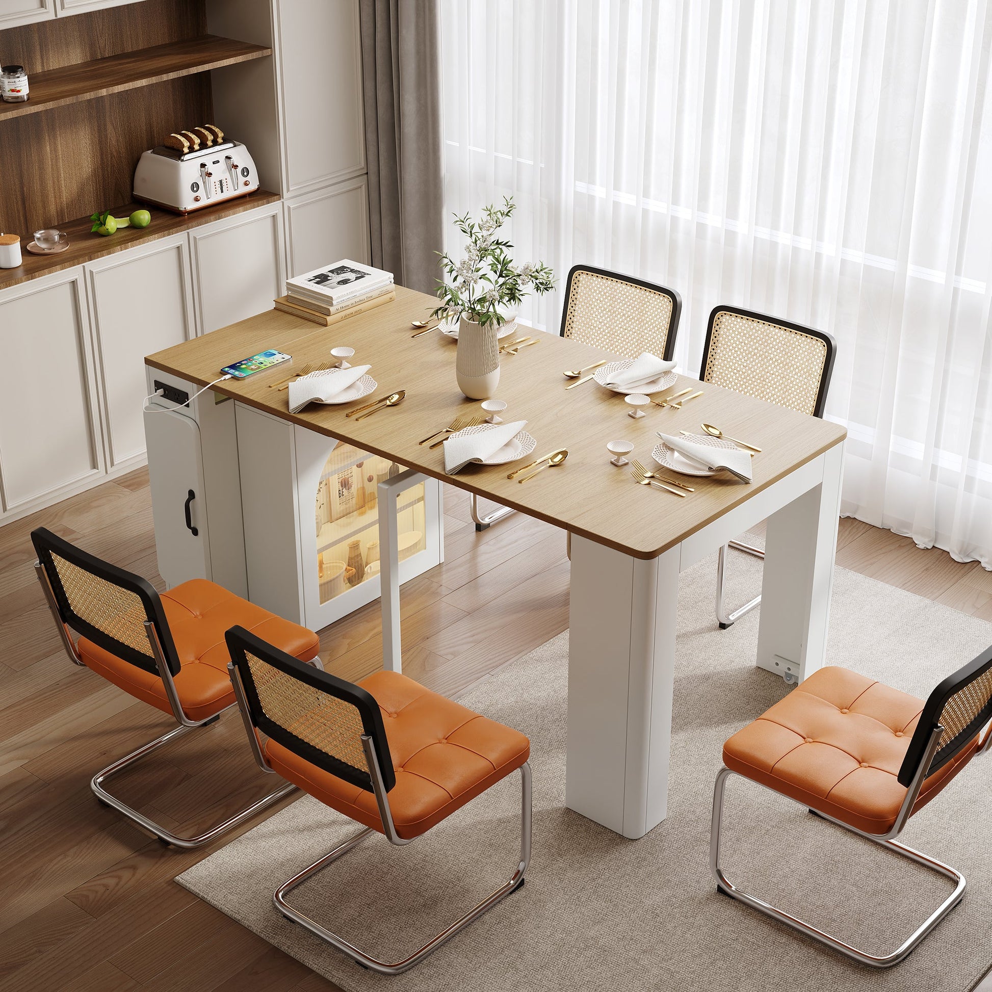 TREXM Extendable Dining Table with 3 Removable Middle Leaves, Mobile Rolling Island Table with Power Outlet, Saving - space Cabinet with Storage for Dining Room and Living Room (CREAM WHITE AND NATURAL) - 1st Choice Furniture Direct