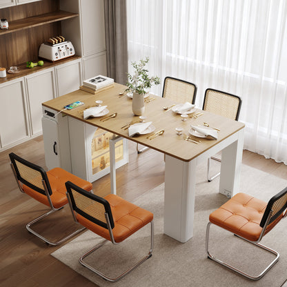 TREXM Extendable Dining Table with 3 Removable Middle Leaves, Mobile Rolling Island Table with Power Outlet, Saving - space Cabinet with Storage for Dining Room and Living Room (CREAM WHITE AND NATURAL) - 1st Choice Furniture Direct