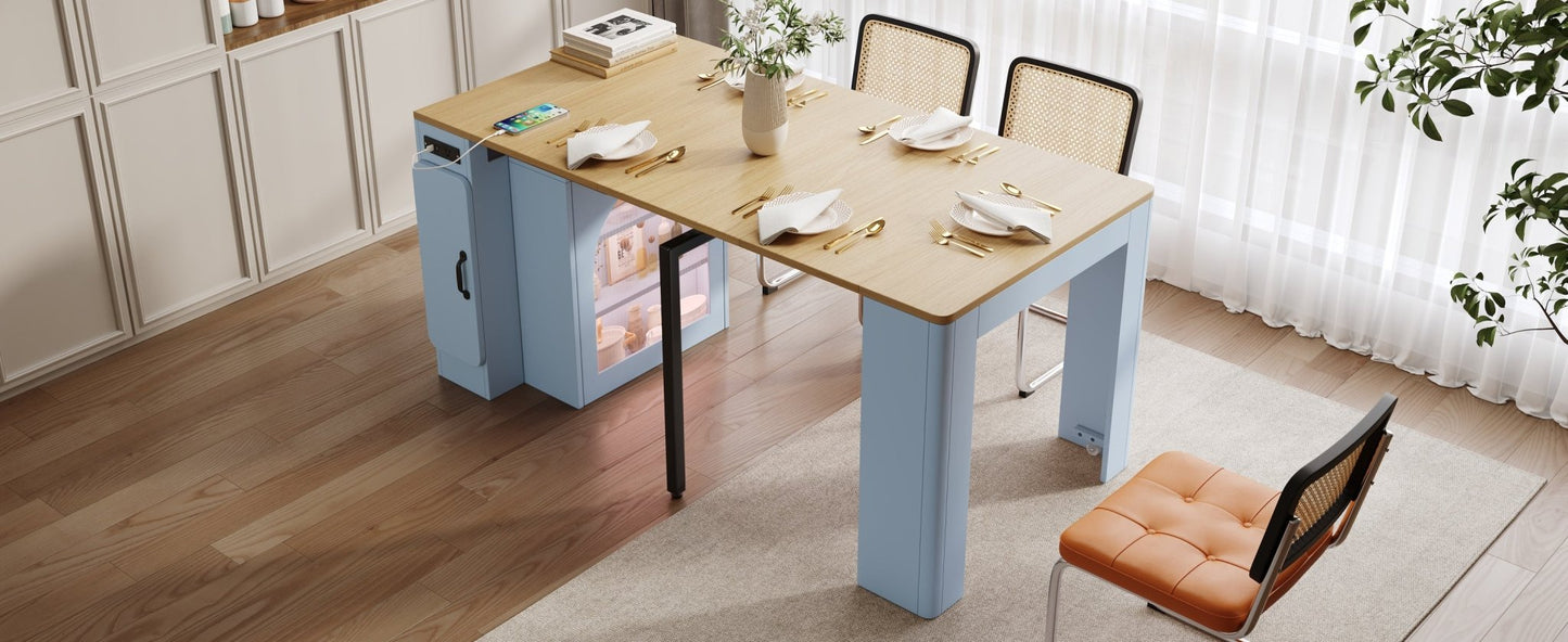 TREXM Extendable Dining Table with 3 Removable Middle Leaves, Mobile Rolling Island Table with Power Outlet, Saving - space Cabinet with Storage for Dining Room and Living Room (GREY BLUE AND NATURAL) - 1st Choice Furniture Direct