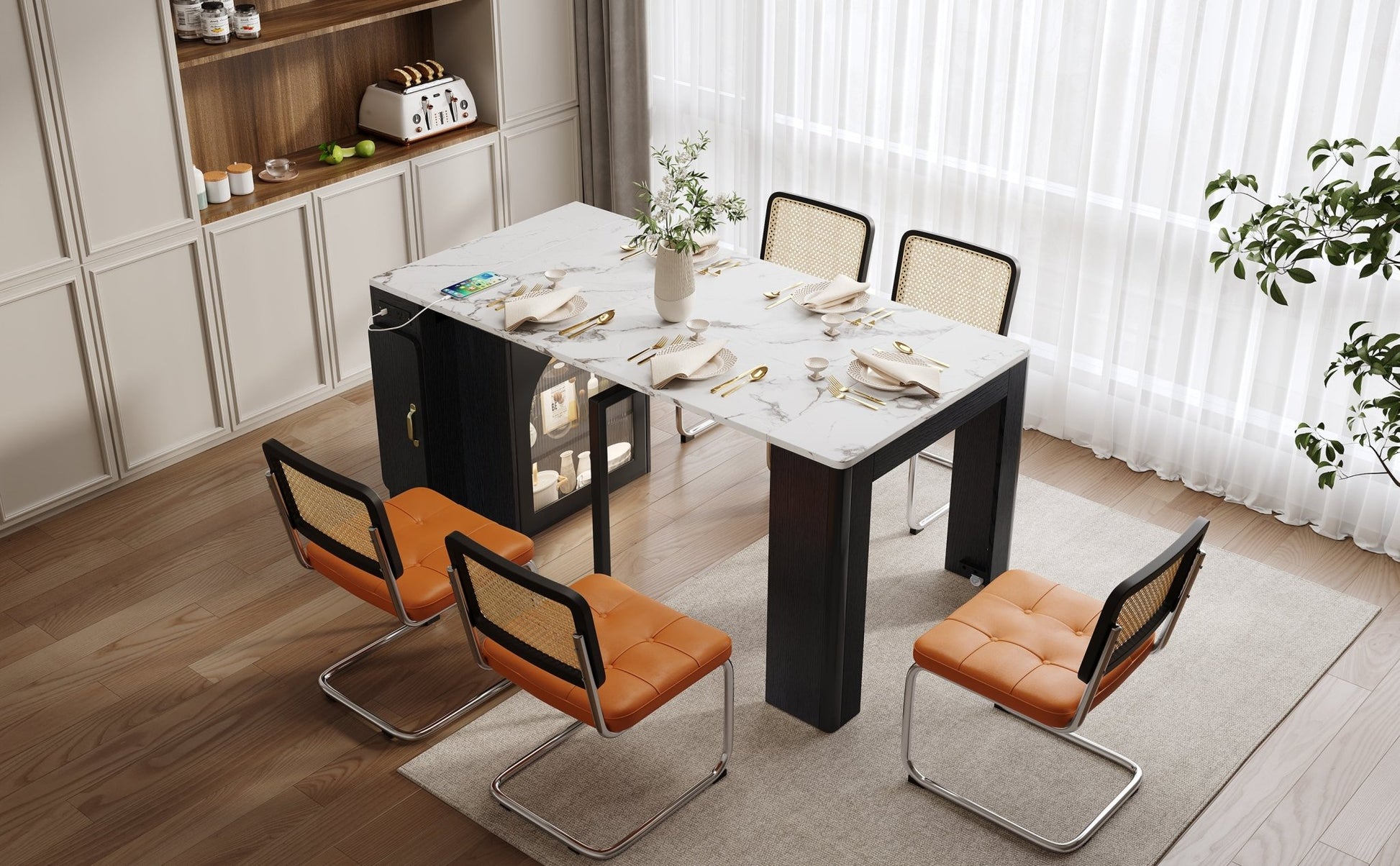 TREXM Extendable Dining Table with 3 Removable Middle Leaves, Mobile Rolling Island Table with Power Outlet, Saving - space Cabinet with Storage for Dining Room and Living Room (BLACK AND MARBLE WHITE) - 1st Choice Furniture Direct