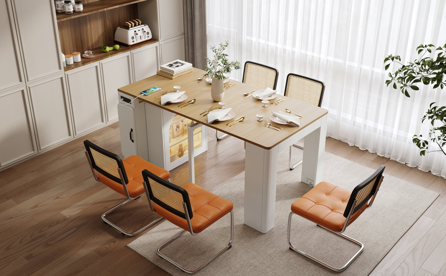 TREXM Extendable Dining Table with 3 Removable Middle Leaves, Mobile Rolling Island Table with Power Outlet, Saving - space Cabinet with Storage for Dining Room and Living Room (CREAM WHITE AND NATURAL) - 1st Choice Furniture Direct