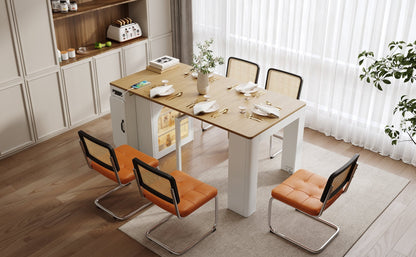 TREXM Extendable Dining Table with 3 Removable Middle Leaves, Mobile Rolling Island Table with Power Outlet, Saving - space Cabinet with Storage for Dining Room and Living Room (CREAM WHITE AND NATURAL) - 1st Choice Furniture Direct