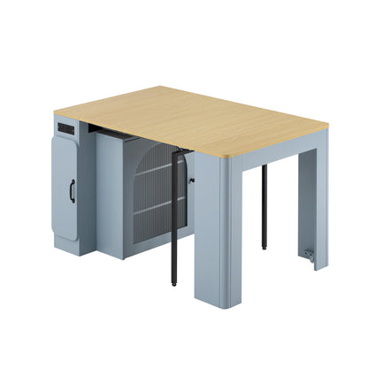 TREXM Extendable Dining Table with 3 Removable Middle Leaves, Mobile Rolling Island Table with Power Outlet, Saving - space Cabinet with Storage for Dining Room and Living Room (GREY BLUE AND NATURAL) - 1st Choice Furniture Direct