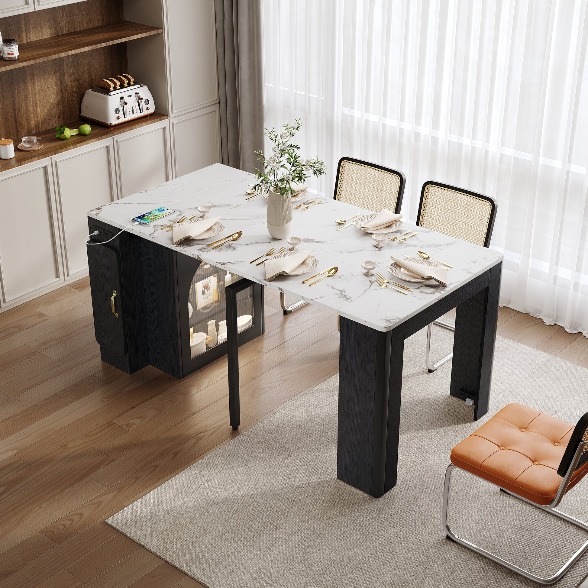 TREXM Extendable Dining Table with 3 Removable Middle Leaves, Mobile Rolling Island Table with Power Outlet, Saving - space Cabinet with Storage for Dining Room and Living Room (BLACK AND MARBLE WHITE) - 1st Choice Furniture Direct