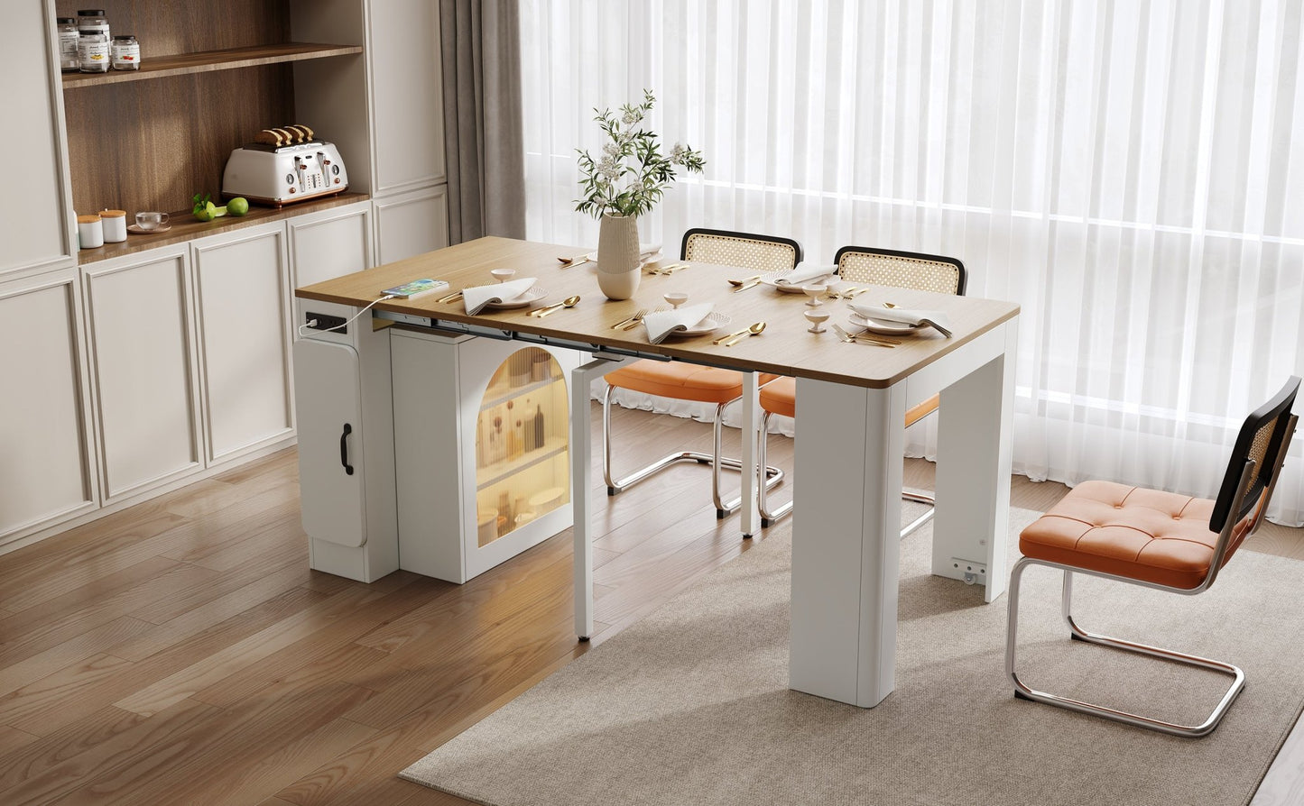 TREXM Extendable Dining Table with 3 Removable Middle Leaves, Mobile Rolling Island Table with Power Outlet, Saving - space Cabinet with Storage for Dining Room and Living Room (CREAM WHITE AND NATURAL) - 1st Choice Furniture Direct