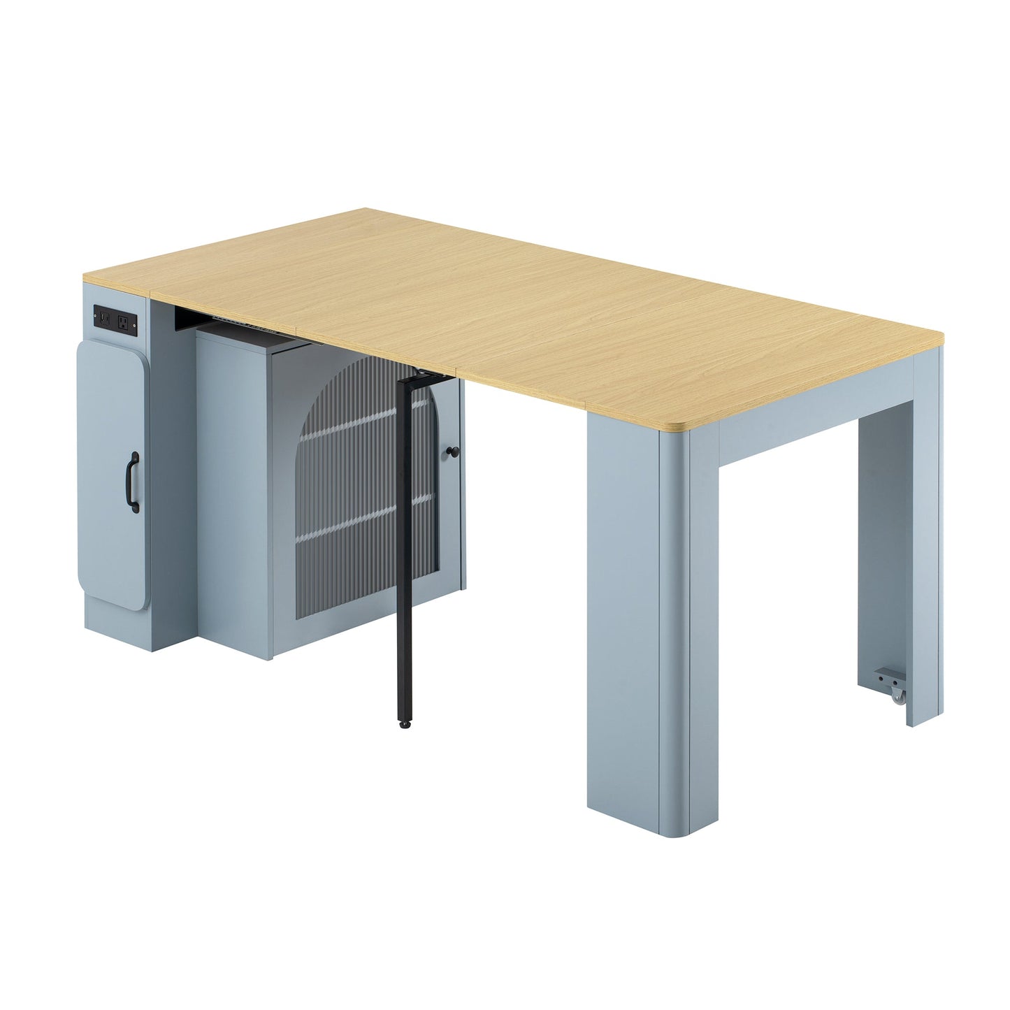 TREXM Extendable Dining Table with 3 Removable Middle Leaves, Mobile Rolling Island Table with Power Outlet, Saving - space Cabinet with Storage for Dining Room and Living Room (GREY BLUE AND NATURAL) - 1st Choice Furniture Direct