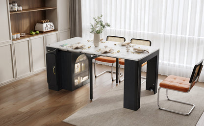 TREXM Extendable Dining Table with 3 Removable Middle Leaves, Mobile Rolling Island Table with Power Outlet, Saving - space Cabinet with Storage for Dining Room and Living Room (BLACK AND MARBLE WHITE) - 1st Choice Furniture Direct