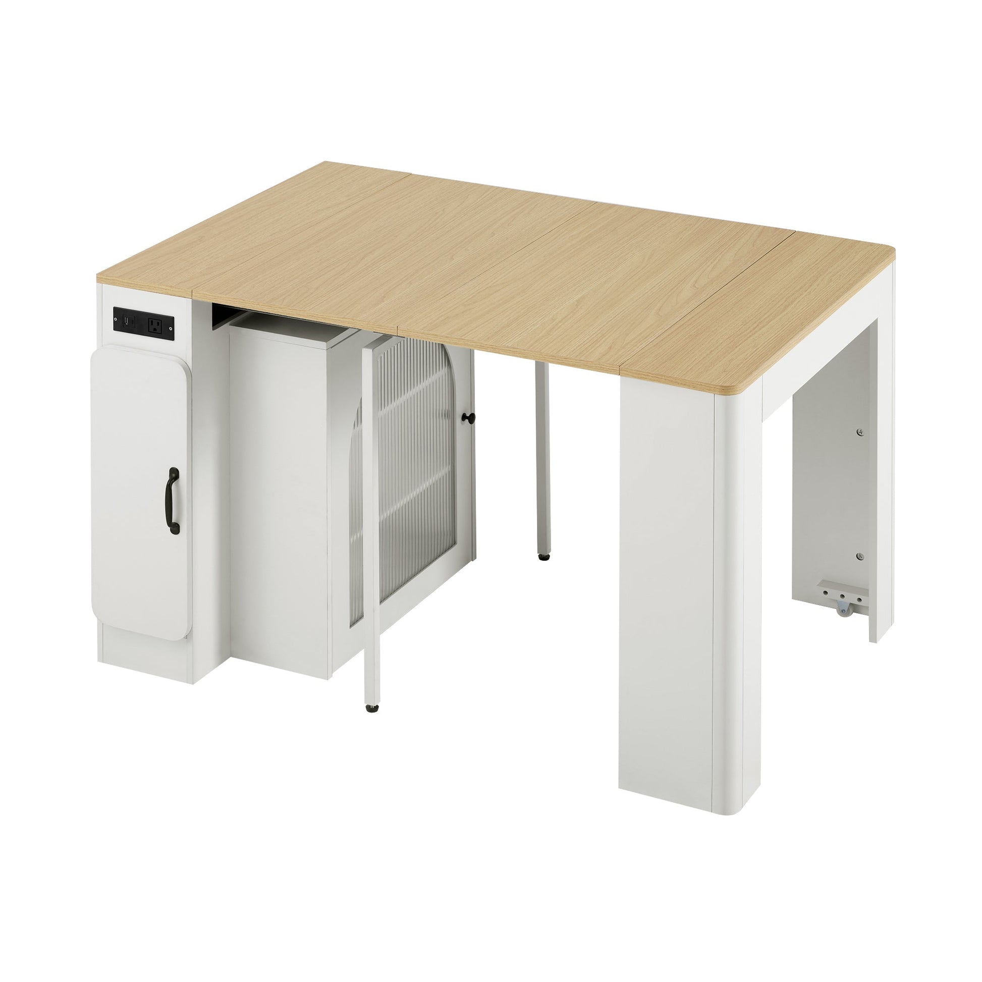 TREXM Extendable Dining Table with 3 Removable Middle Leaves, Mobile Rolling Island Table with Power Outlet, Saving - space Cabinet with Storage for Dining Room and Living Room (CREAM WHITE AND NATURAL) - 1st Choice Furniture Direct