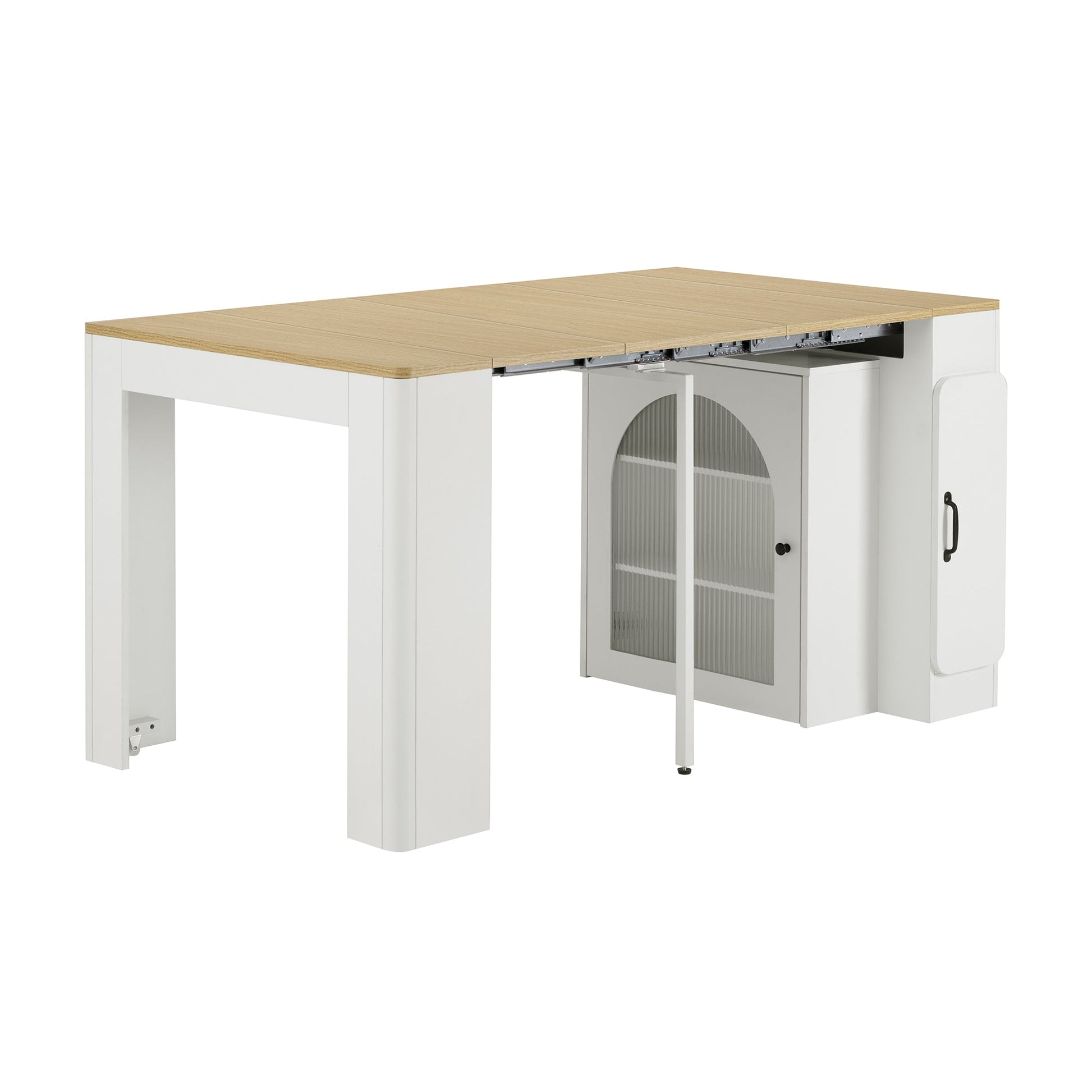 TREXM Extendable Dining Table with 3 Removable Middle Leaves, Mobile Rolling Island Table with Power Outlet, Saving - space Cabinet with Storage for Dining Room and Living Room (CREAM WHITE AND NATURAL) - 1st Choice Furniture Direct
