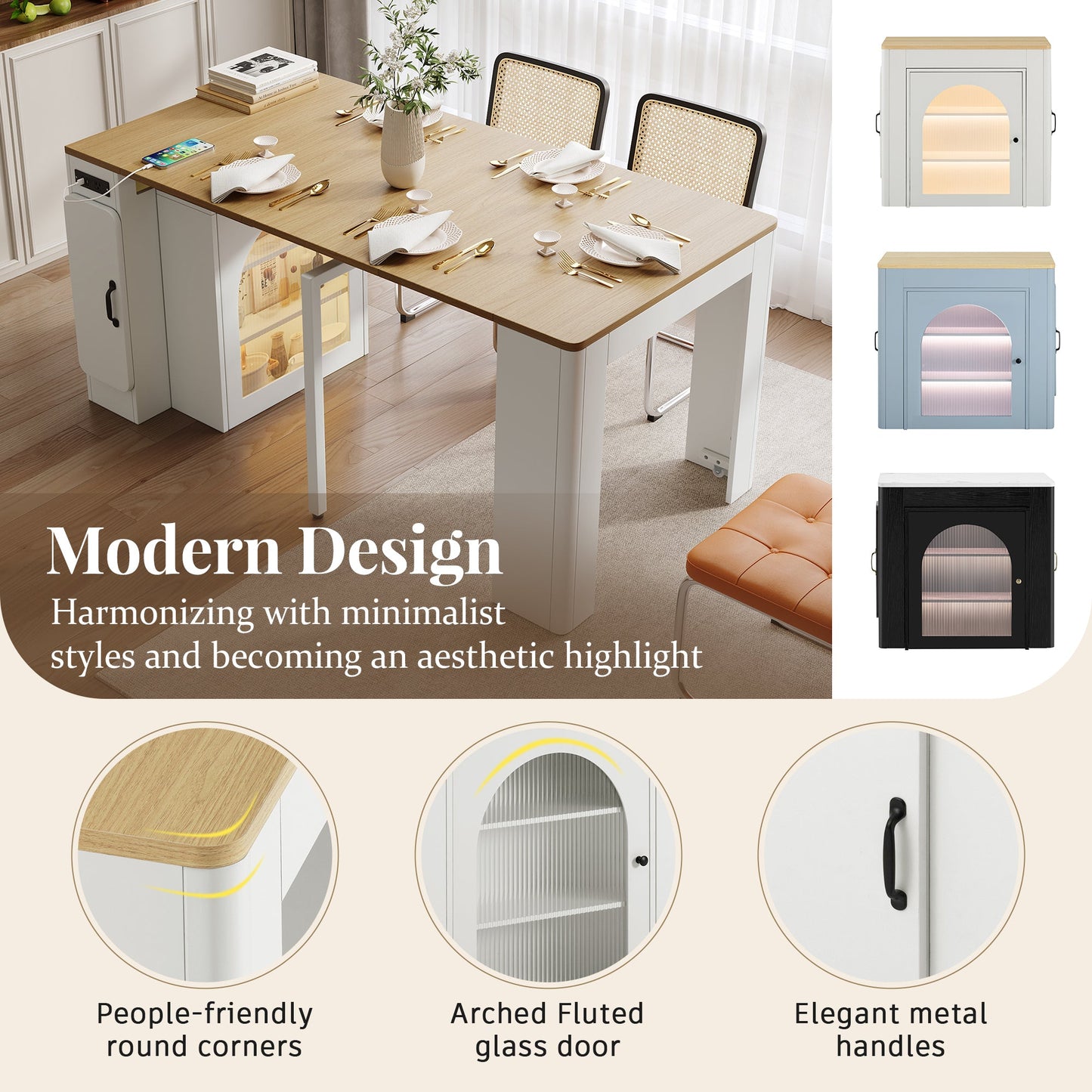 TREXM Extendable Dining Table with 3 Removable Middle Leaves, Mobile Rolling Island Table with Power Outlet, Saving - space Cabinet with Storage for Dining Room and Living Room (CREAM WHITE AND NATURAL) - 1st Choice Furniture Direct