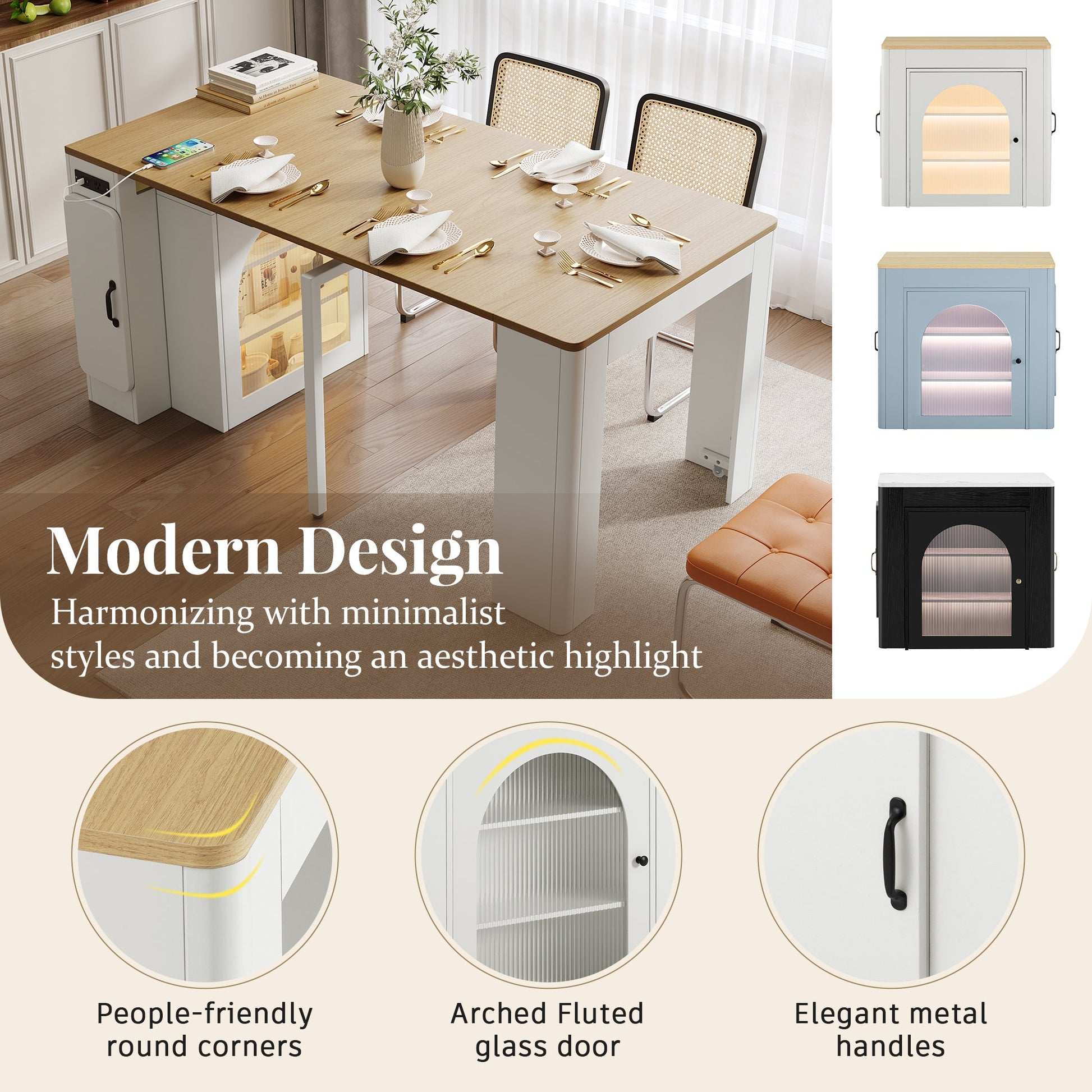 TREXM Extendable Dining Table with 3 Removable Middle Leaves, Mobile Rolling Island Table with Power Outlet, Saving - space Cabinet with Storage for Dining Room and Living Room (CREAM WHITE AND NATURAL) - 1st Choice Furniture Direct