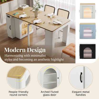 TREXM Extendable Dining Table with 3 Removable Middle Leaves, Mobile Rolling Island Table with Power Outlet, Saving - space Cabinet with Storage for Dining Room and Living Room (CREAM WHITE AND NATURAL) - 1st Choice Furniture Direct