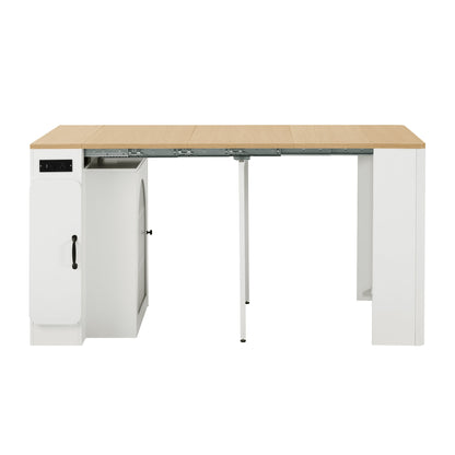 TREXM Extendable Dining Table with 3 Removable Middle Leaves, Mobile Rolling Island Table with Power Outlet, Saving - space Cabinet with Storage for Dining Room and Living Room (CREAM WHITE AND NATURAL) - 1st Choice Furniture Direct