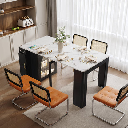 TREXM Extendable Dining Table with 3 Removable Middle Leaves, Mobile Rolling Island Table with Power Outlet, Saving - space Cabinet with Storage for Dining Room and Living Room (BLACK AND MARBLE WHITE) - 1st Choice Furniture Direct
