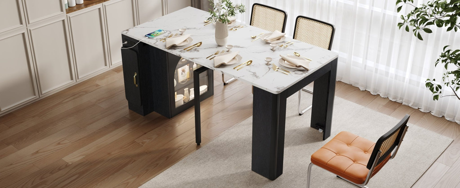 TREXM Extendable Dining Table with 3 Removable Middle Leaves, Mobile Rolling Island Table with Power Outlet, Saving - space Cabinet with Storage for Dining Room and Living Room (BLACK AND MARBLE WHITE) - 1st Choice Furniture Direct