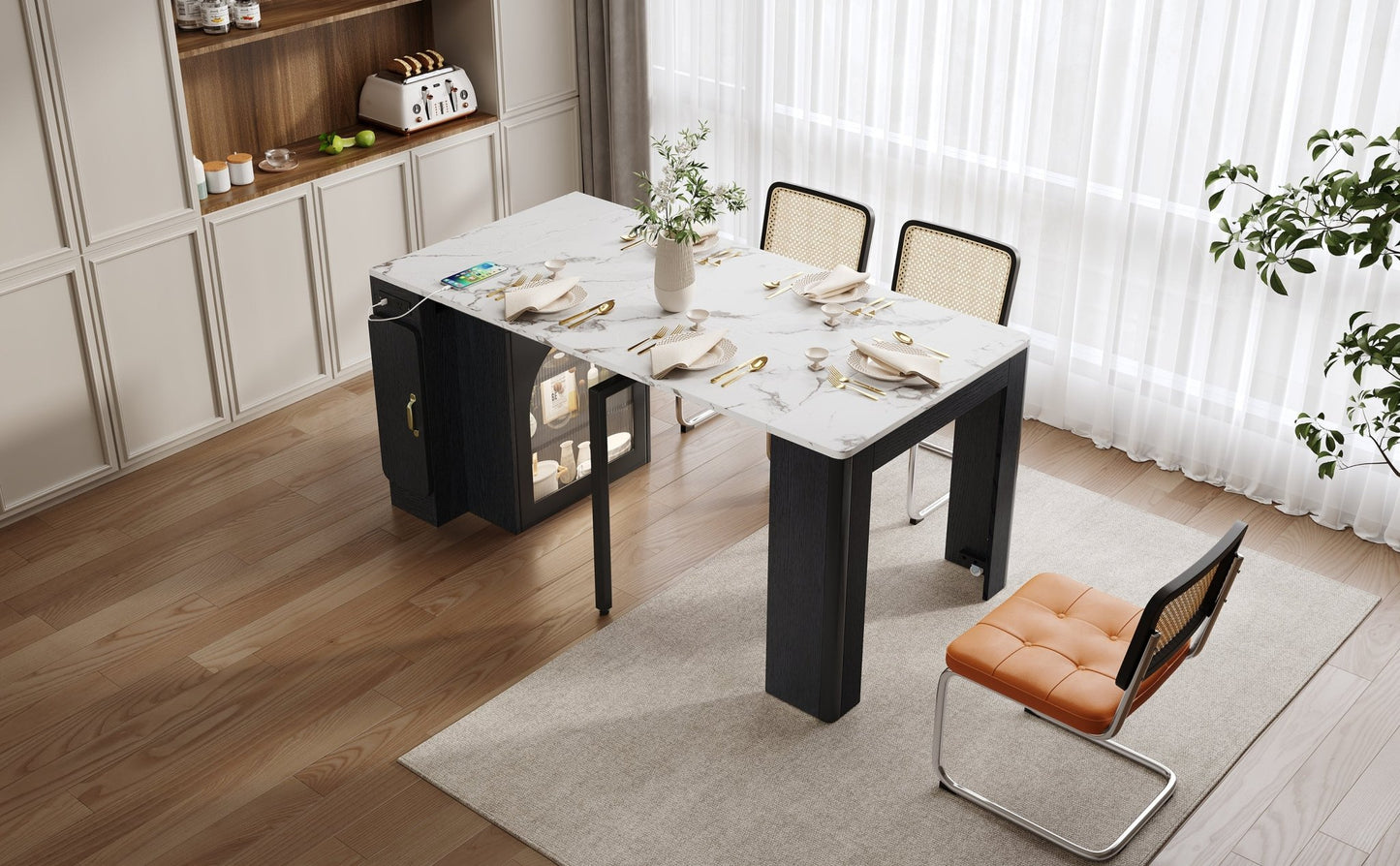 TREXM Extendable Dining Table with 3 Removable Middle Leaves, Mobile Rolling Island Table with Power Outlet, Saving - space Cabinet with Storage for Dining Room and Living Room (BLACK AND MARBLE WHITE) - 1st Choice Furniture Direct