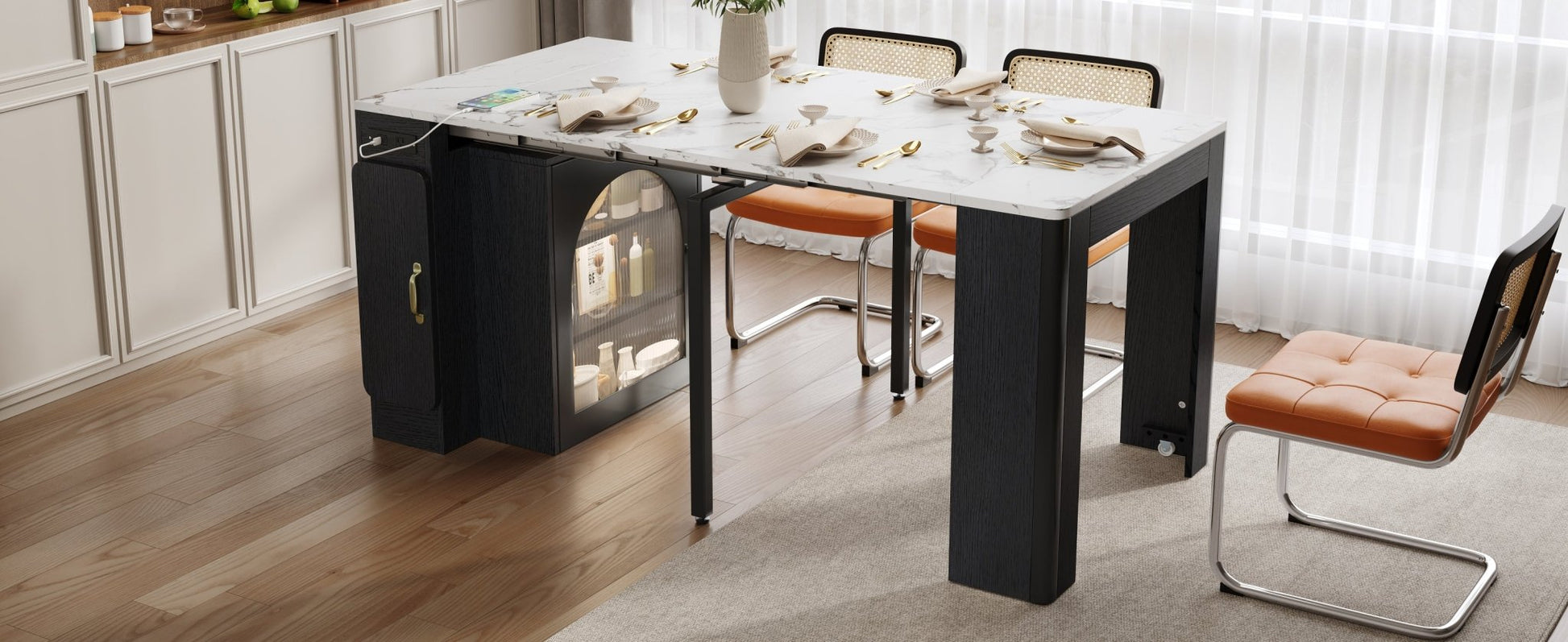 TREXM Extendable Dining Table with 3 Removable Middle Leaves, Mobile Rolling Island Table with Power Outlet, Saving - space Cabinet with Storage for Dining Room and Living Room (BLACK AND MARBLE WHITE) - 1st Choice Furniture Direct