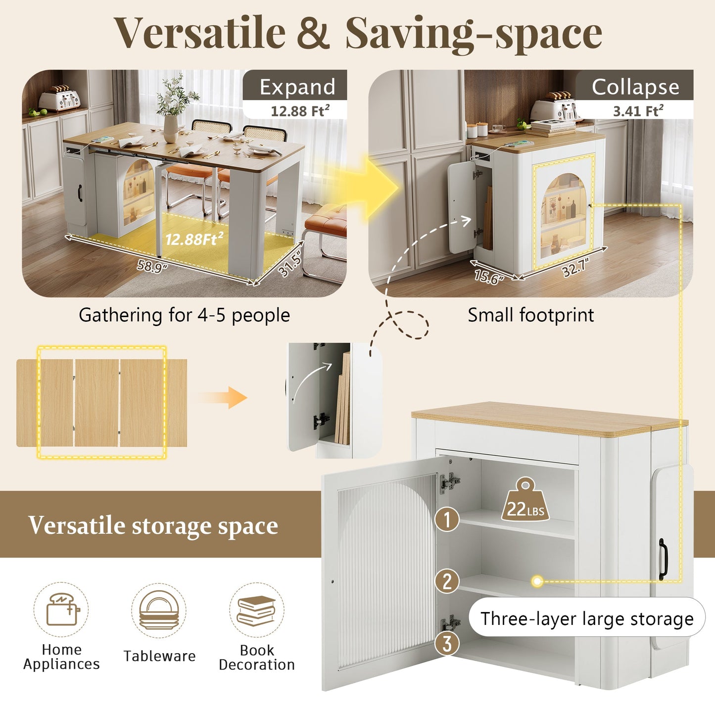 TREXM Extendable Dining Table with 3 Removable Middle Leaves, Mobile Rolling Island Table with Power Outlet, Saving - space Cabinet with Storage for Dining Room and Living Room (CREAM WHITE AND NATURAL) - 1st Choice Furniture Direct