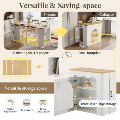 TREXM Extendable Dining Table with 3 Removable Middle Leaves, Mobile Rolling Island Table with Power Outlet, Saving - space Cabinet with Storage for Dining Room and Living Room (CREAM WHITE AND NATURAL) - 1st Choice Furniture Direct
