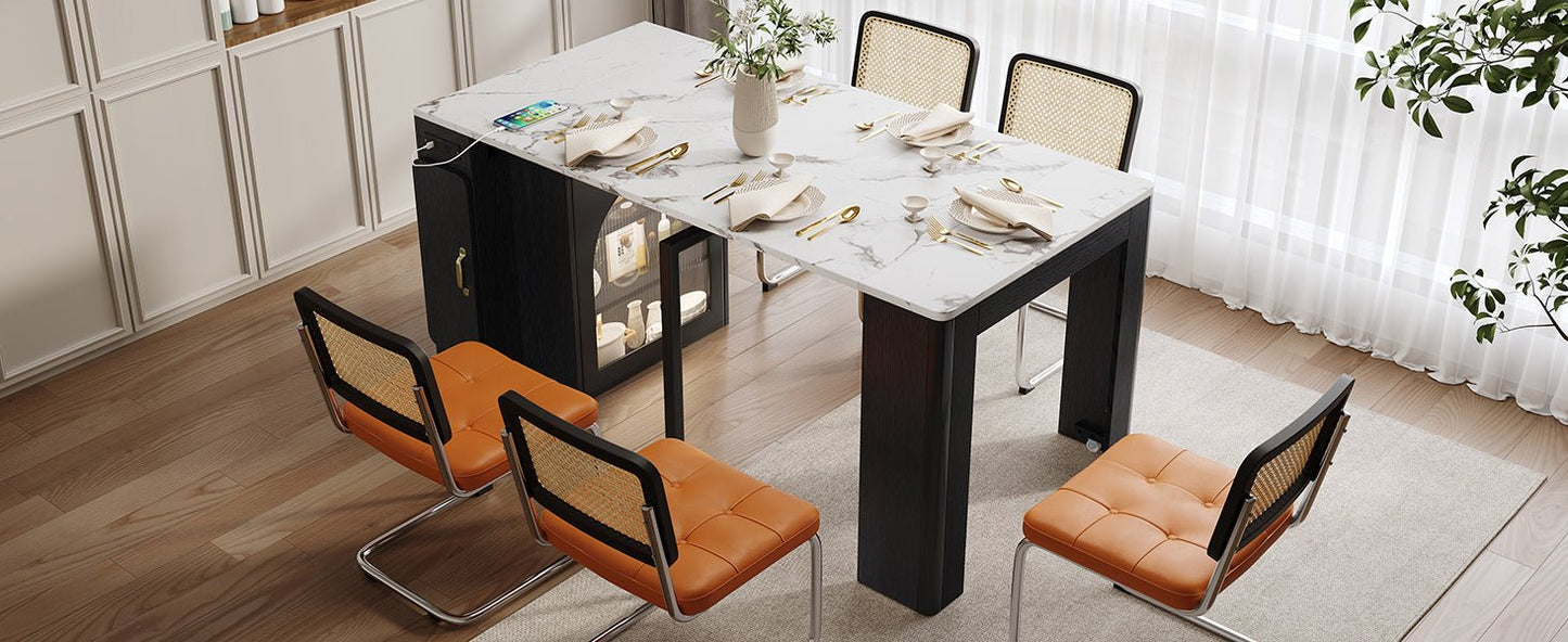TREXM Extendable Dining Table with 3 Removable Middle Leaves, Mobile Rolling Island Table with Power Outlet, Saving - space Cabinet with Storage for Dining Room and Living Room (BLACK AND MARBLE WHITE) - 1st Choice Furniture Direct