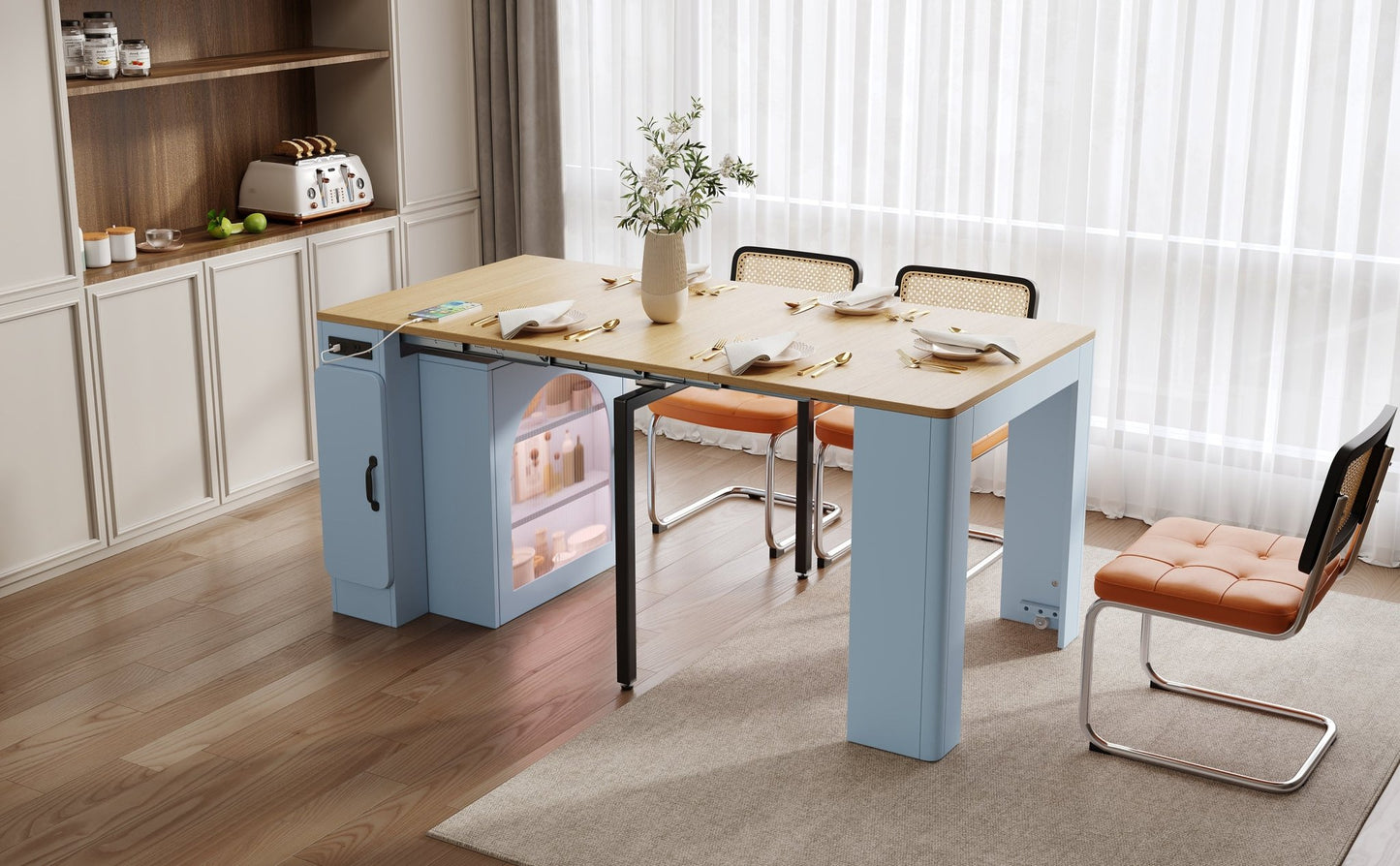 TREXM Extendable Dining Table with 3 Removable Middle Leaves, Mobile Rolling Island Table with Power Outlet, Saving - space Cabinet with Storage for Dining Room and Living Room (GREY BLUE AND NATURAL) - 1st Choice Furniture Direct