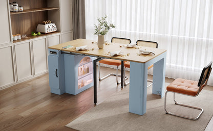 TREXM Extendable Dining Table with 3 Removable Middle Leaves, Mobile Rolling Island Table with Power Outlet, Saving - space Cabinet with Storage for Dining Room and Living Room (GREY BLUE AND NATURAL) - 1st Choice Furniture Direct