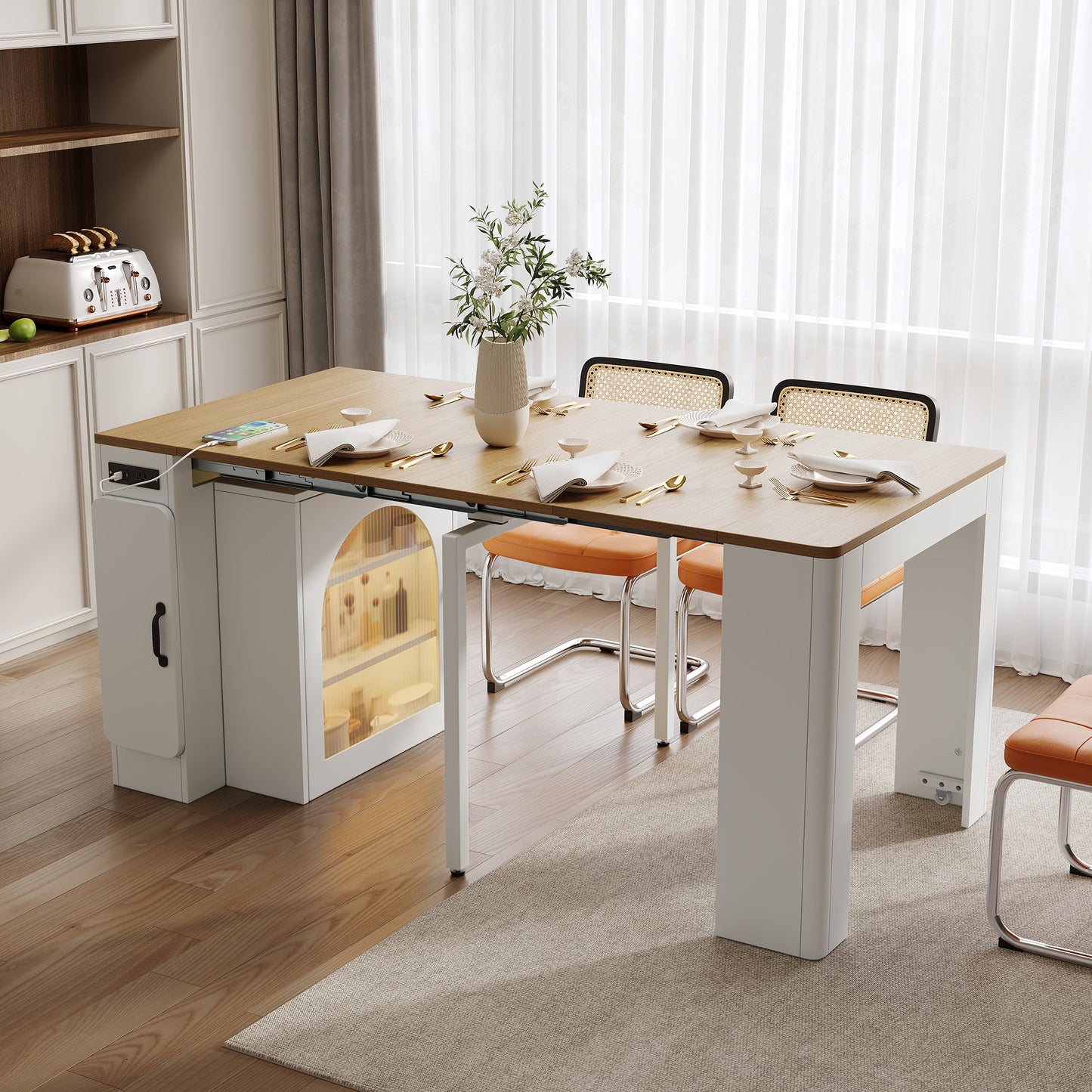 TREXM Extendable Dining Table with 3 Removable Middle Leaves, Mobile Rolling Island Table with Power Outlet, Saving - space Cabinet with Storage for Dining Room and Living Room (CREAM WHITE AND NATURAL) - 1st Choice Furniture Direct