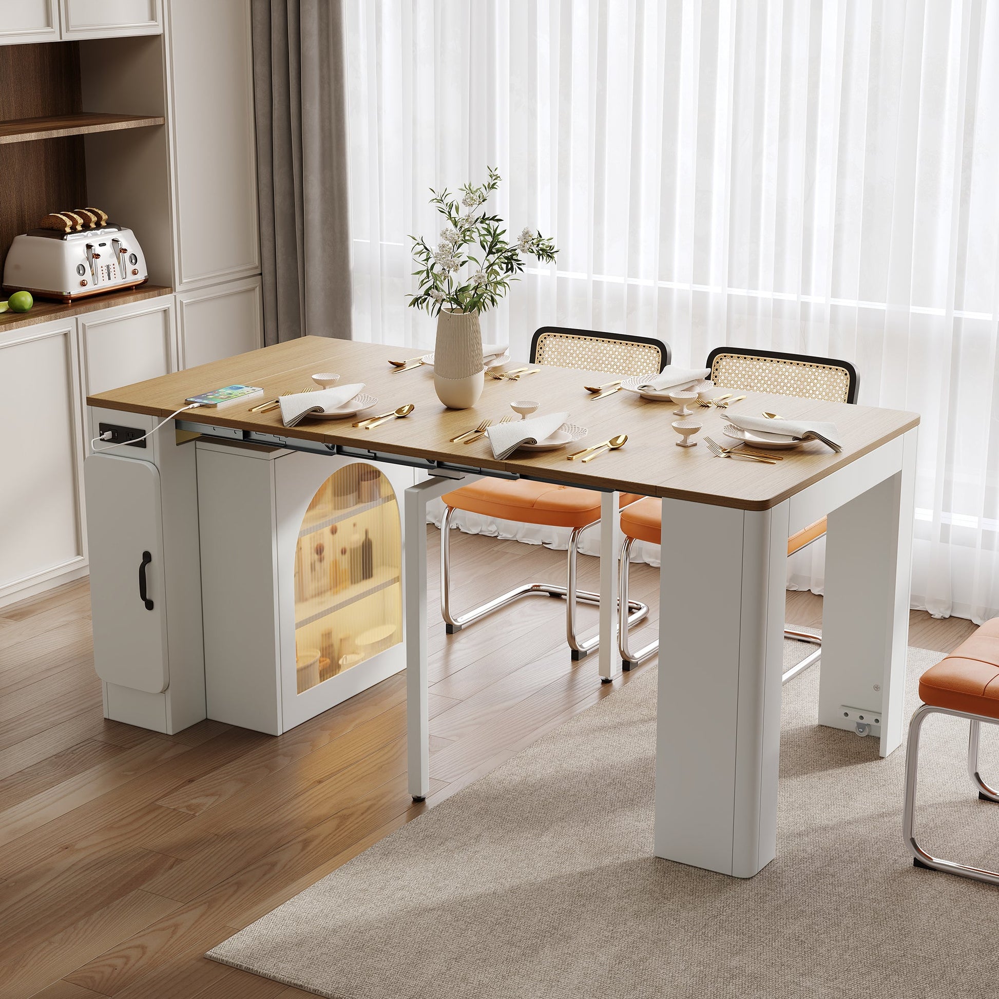 TREXM Extendable Dining Table with 3 Removable Middle Leaves, Mobile Rolling Island Table with Power Outlet, Saving - space Cabinet with Storage for Dining Room and Living Room (CREAM WHITE AND NATURAL) - 1st Choice Furniture Direct