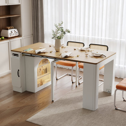 TREXM Extendable Dining Table with 3 Removable Middle Leaves, Mobile Rolling Island Table with Power Outlet, Saving - space Cabinet with Storage for Dining Room and Living Room (CREAM WHITE AND NATURAL) - 1st Choice Furniture Direct