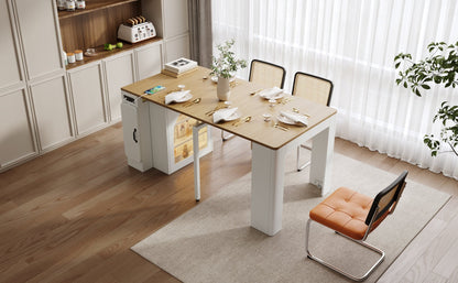 TREXM Extendable Dining Table with 3 Removable Middle Leaves, Mobile Rolling Island Table with Power Outlet, Saving - space Cabinet with Storage for Dining Room and Living Room (CREAM WHITE AND NATURAL) - 1st Choice Furniture Direct