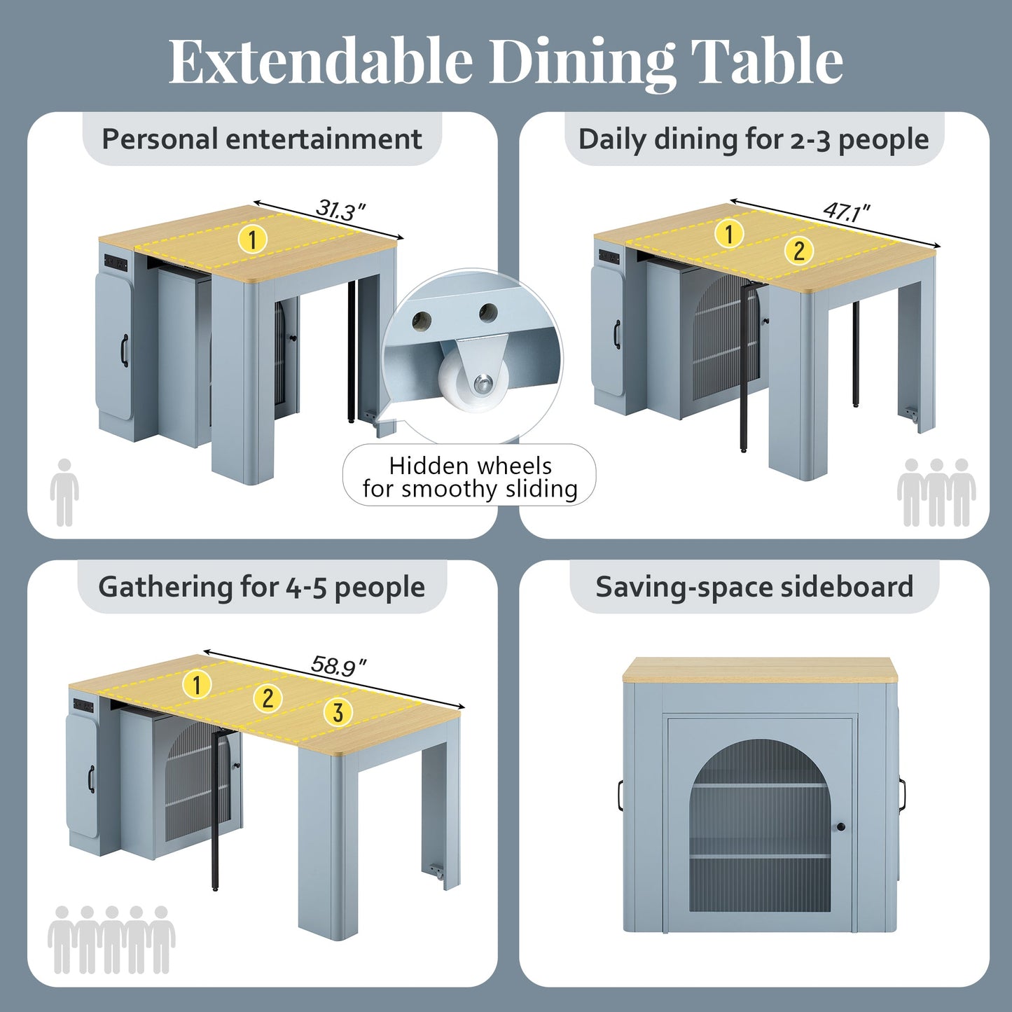 TREXM Extendable Dining Table with 3 Removable Middle Leaves, Mobile Rolling Island Table with Power Outlet, Saving - space Cabinet with Storage for Dining Room and Living Room (GREY BLUE AND NATURAL) - 1st Choice Furniture Direct