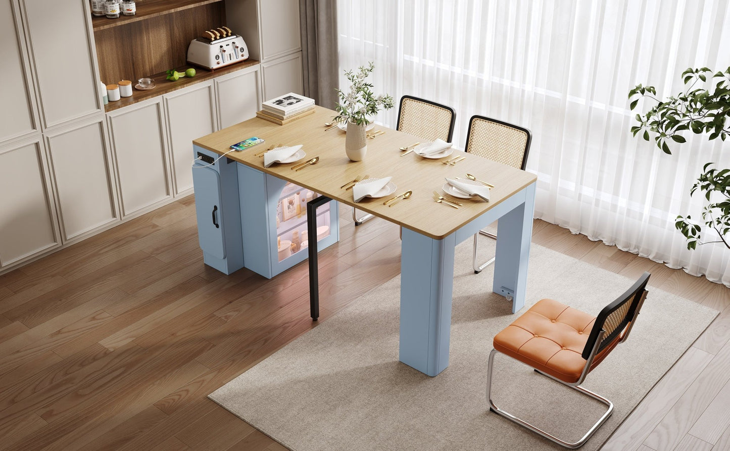 TREXM Extendable Dining Table with 3 Removable Middle Leaves, Mobile Rolling Island Table with Power Outlet, Saving - space Cabinet with Storage for Dining Room and Living Room (GREY BLUE AND NATURAL) - 1st Choice Furniture Direct