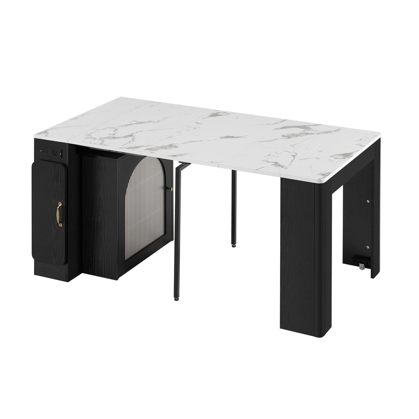 TREXM Extendable Dining Table with 3 Removable Middle Leaves, Mobile Rolling Island Table with Power Outlet, Saving - space Cabinet with Storage for Dining Room and Living Room (BLACK AND MARBLE WHITE) - 1st Choice Furniture Direct