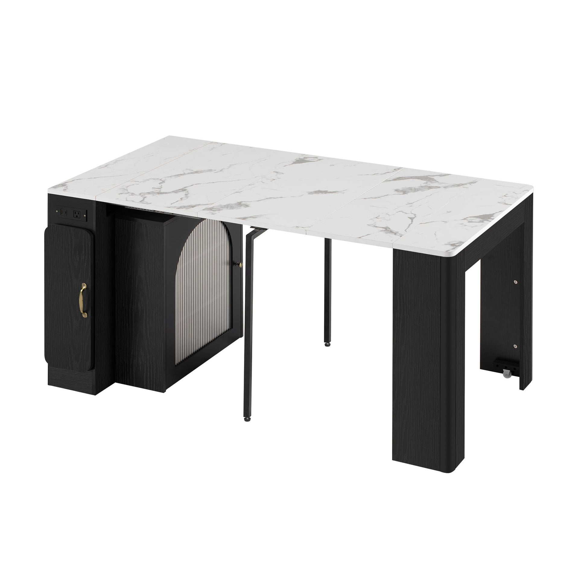 TREXM Extendable Dining Table with 3 Removable Middle Leaves, Mobile Rolling Island Table with Power Outlet, Saving - space Cabinet with Storage for Dining Room and Living Room (BLACK AND MARBLE WHITE) - 1st Choice Furniture Direct