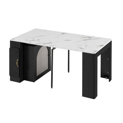 TREXM Extendable Dining Table with 3 Removable Middle Leaves, Mobile Rolling Island Table with Power Outlet, Saving - space Cabinet with Storage for Dining Room and Living Room (BLACK AND MARBLE WHITE) - 1st Choice Furniture Direct