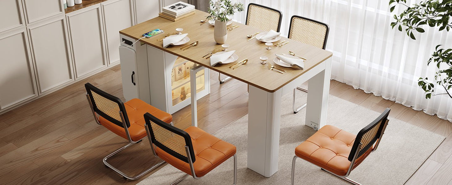 TREXM Extendable Dining Table with 3 Removable Middle Leaves, Mobile Rolling Island Table with Power Outlet, Saving - space Cabinet with Storage for Dining Room and Living Room (CREAM WHITE AND NATURAL) - 1st Choice Furniture Direct