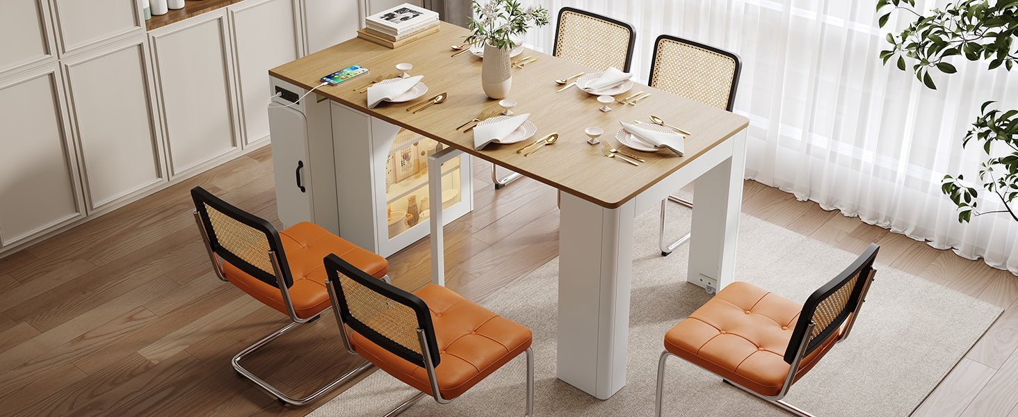 TREXM Extendable Dining Table with 3 Removable Middle Leaves, Mobile Rolling Island Table with Power Outlet, Saving - space Cabinet with Storage for Dining Room and Living Room (CREAM WHITE AND NATURAL) - 1st Choice Furniture Direct
