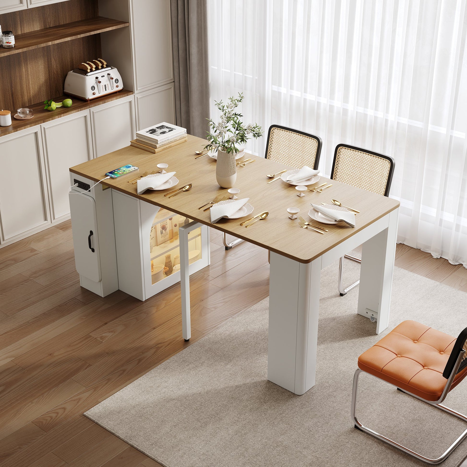 TREXM Extendable Dining Table with 3 Removable Middle Leaves, Mobile Rolling Island Table with Power Outlet, Saving - space Cabinet with Storage for Dining Room and Living Room (CREAM WHITE AND NATURAL) - 1st Choice Furniture Direct