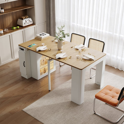 TREXM Extendable Dining Table with 3 Removable Middle Leaves, Mobile Rolling Island Table with Power Outlet, Saving - space Cabinet with Storage for Dining Room and Living Room (CREAM WHITE AND NATURAL) - 1st Choice Furniture Direct
