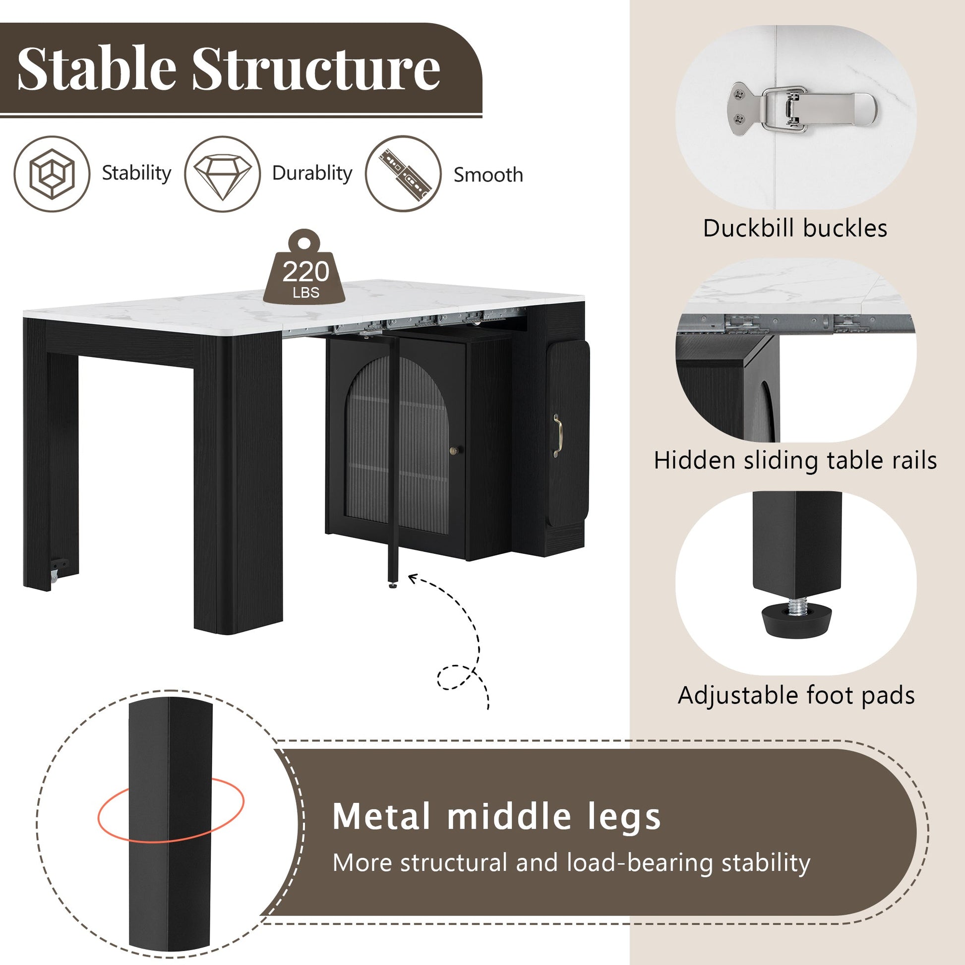 TREXM Extendable Dining Table with 3 Removable Middle Leaves, Mobile Rolling Island Table with Power Outlet, Saving - space Cabinet with Storage for Dining Room and Living Room (BLACK AND MARBLE WHITE) - 1st Choice Furniture Direct