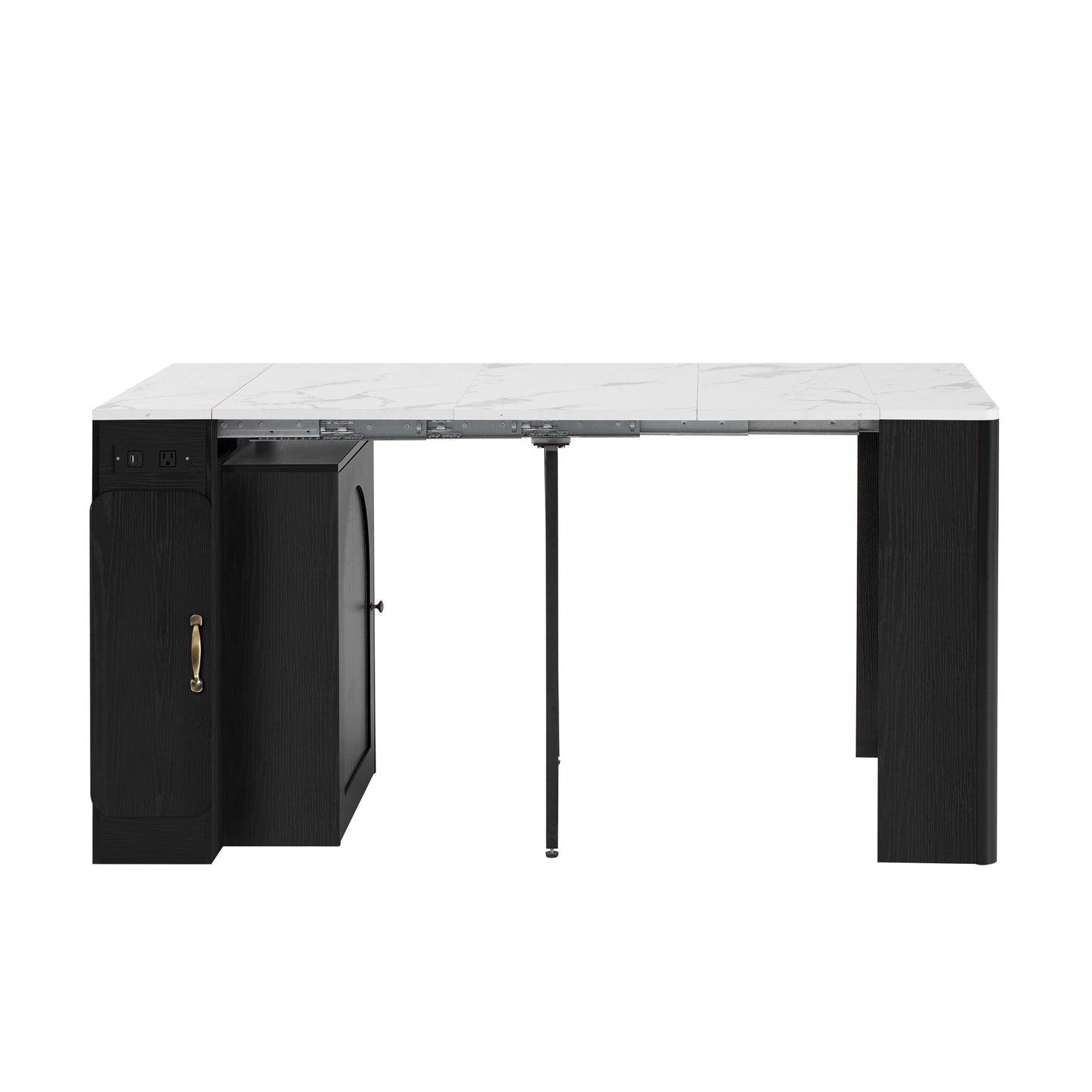 TREXM Extendable Dining Table with 3 Removable Middle Leaves, Mobile Rolling Island Table with Power Outlet, Saving - space Cabinet with Storage for Dining Room and Living Room (BLACK AND MARBLE WHITE) - 1st Choice Furniture Direct