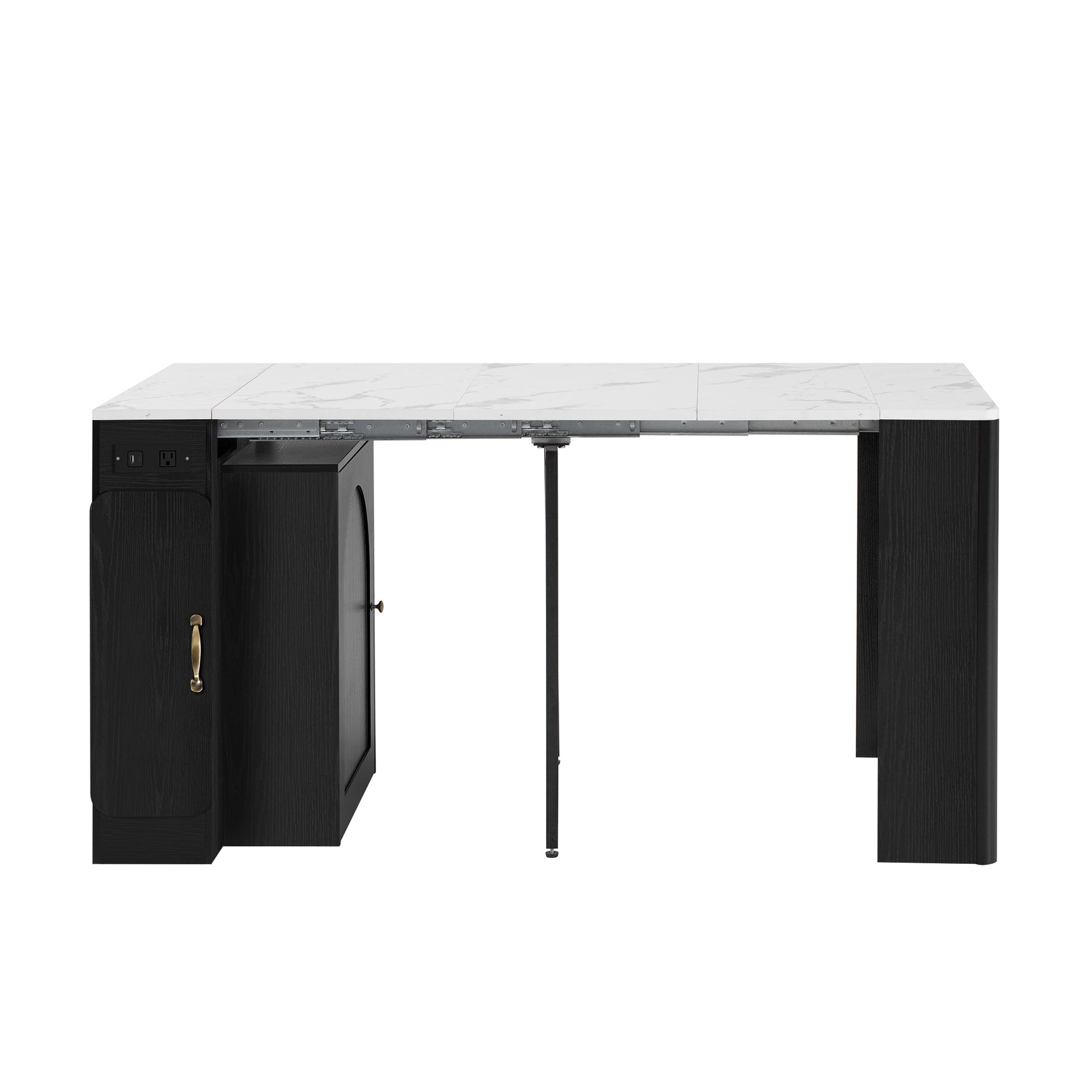 TREXM Extendable Dining Table with 3 Removable Middle Leaves, Mobile Rolling Island Table with Power Outlet, Saving - space Cabinet with Storage for Dining Room and Living Room (BLACK AND MARBLE WHITE) - 1st Choice Furniture Direct