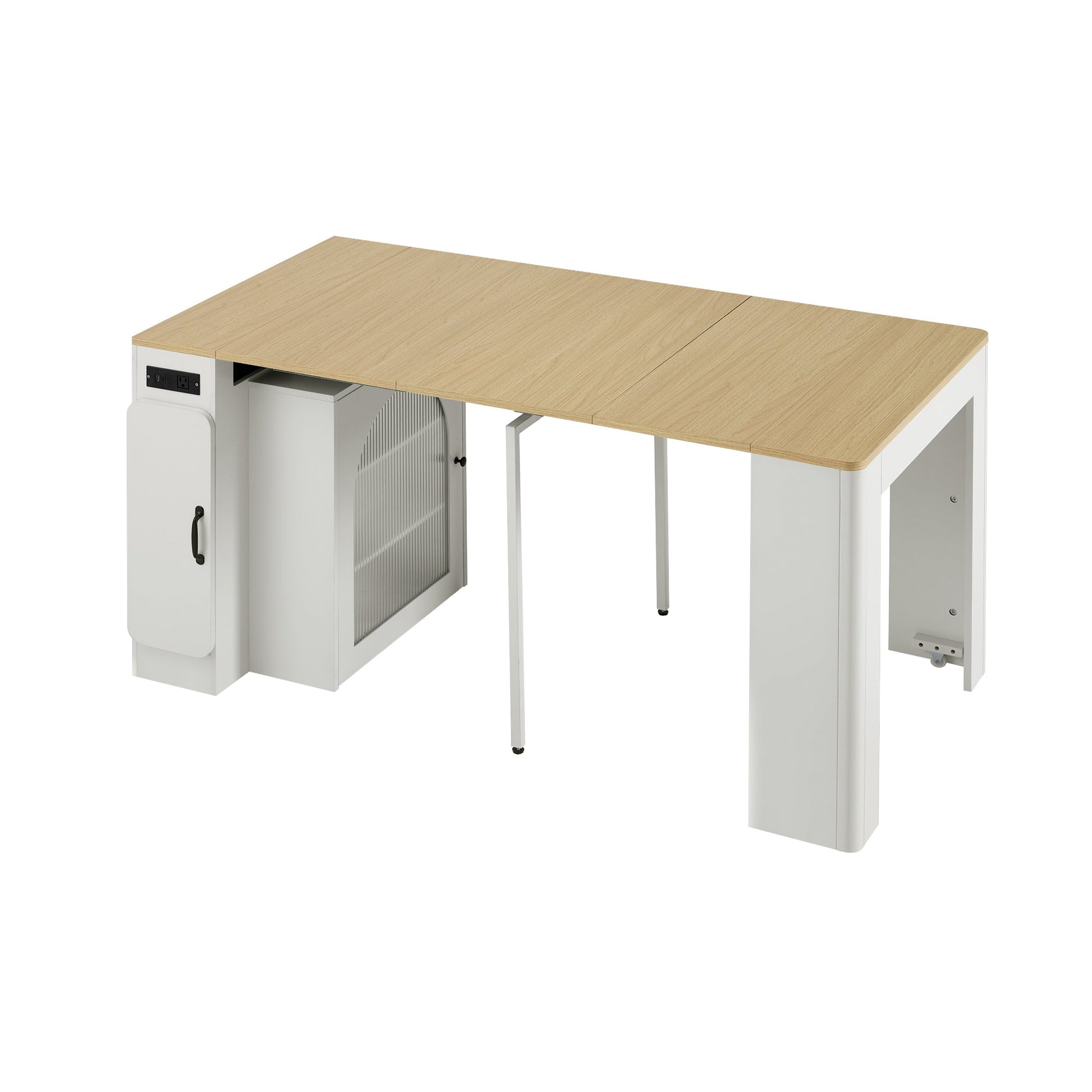 TREXM Extendable Dining Table with 3 Removable Middle Leaves, Mobile Rolling Island Table with Power Outlet, Saving - space Cabinet with Storage for Dining Room and Living Room (CREAM WHITE AND NATURAL) - 1st Choice Furniture Direct